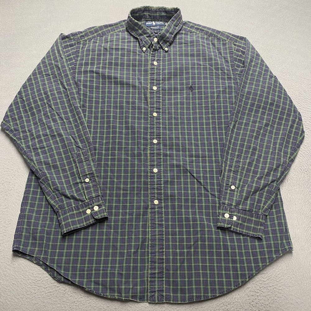 VTG Ralph Lauren Shirt Mens 17 36/37 Green Blue Plaid Yarmouth Button Down 90s